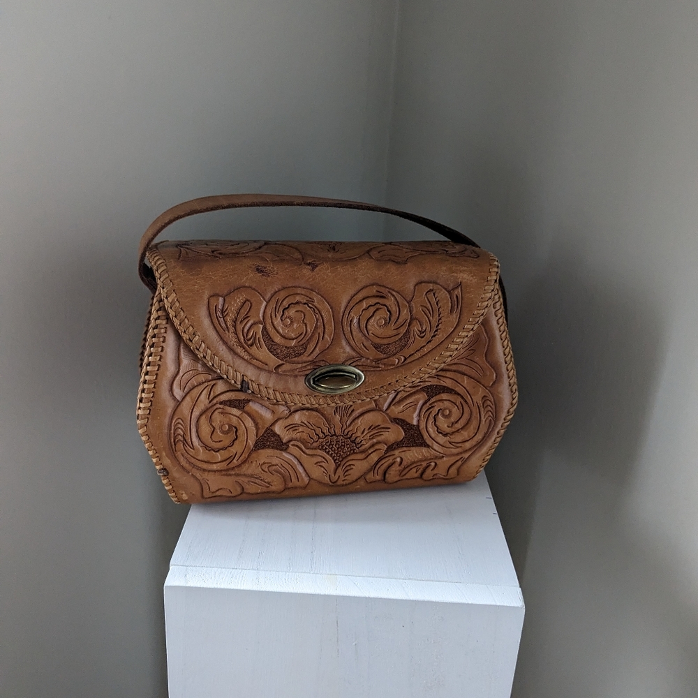 Vintage Stamped Leather Floral Tooled Satchel Handbag